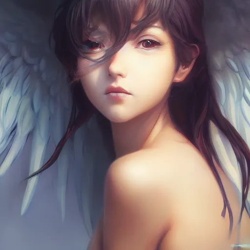 Image similar to an oil painting of a beautiful anime girl with angel wings, by artgerm, wlop and greg rutkowski, hd, hdr, ue 5, ue 6, unreal engine 5, cinematic 4 k wallpaper, 8 k, ultra detailed, high resolution, artstation, award winning