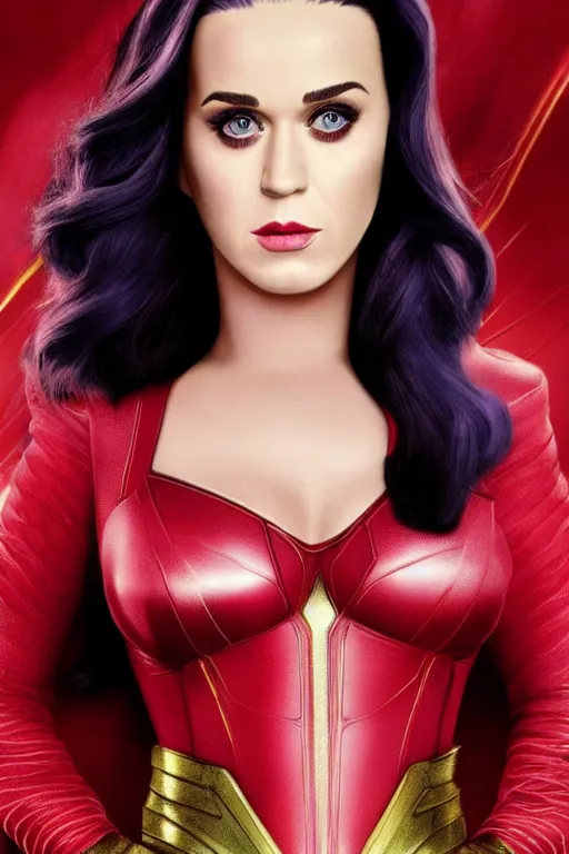 Image similar to katy perry as scarlet witch in the avengers, portrait realistic photograph, very detailed face