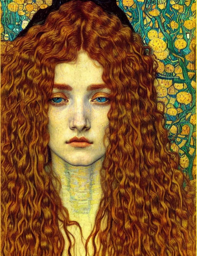 Image similar to detailed realistic beautiful young medieval queen face portrait by jean delville, gustav klimt and vincent van gogh, art nouveau, symbolist, visionary, gothic, pre - raphaelite, muted earthy colors, desaturated