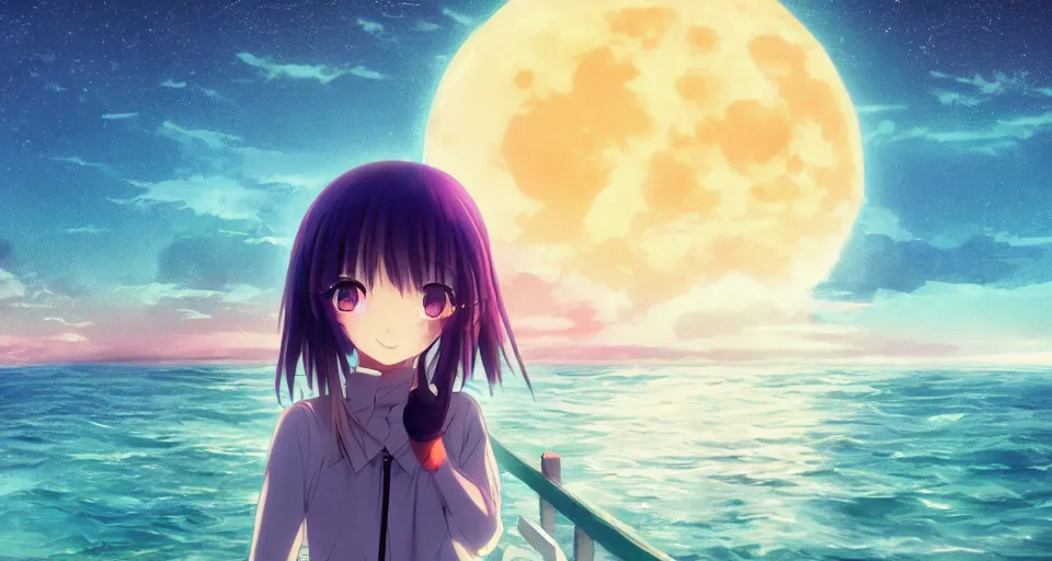 Prompt: one anime girl standing on a pier with the ocean as background at twilight, her blue shiny detailed eyes are looking at the camera, cute, big moon above the water, colorful, magical, detailed face, small nose and mouth, normal big anime eyes, 8k, based on Puella Magi Madoka Magica