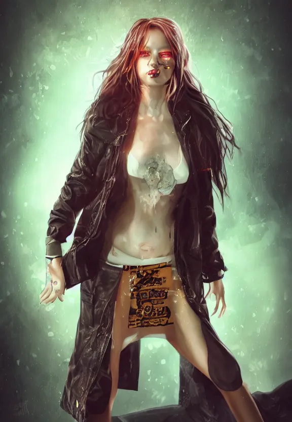 Prompt: full body illustration of girl with eyes that burn like cigarettes wearing a short skirt and a long jacket with fingernails that shine like justice, dramatic lighting, photorealistic, full body portrait, detailed anatomy, extreme detail, 4 k, colorful, artgerm and ben lo, octane render, detailed face, f / 2. 8