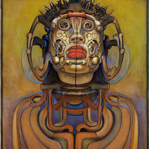 Prompt: robot boy wearing the bone crown, by annie swynnerton and diego rivera and lucien freud and jean delville and evelyn de morgan, symbolist, dramatic lighting, elaborate geometric ornament, art brut, soft pastel colors, smooth, sharp focus, extremely detailed, adolf wolfli, leo and diane dillon, nicholas roerich, donato giancola