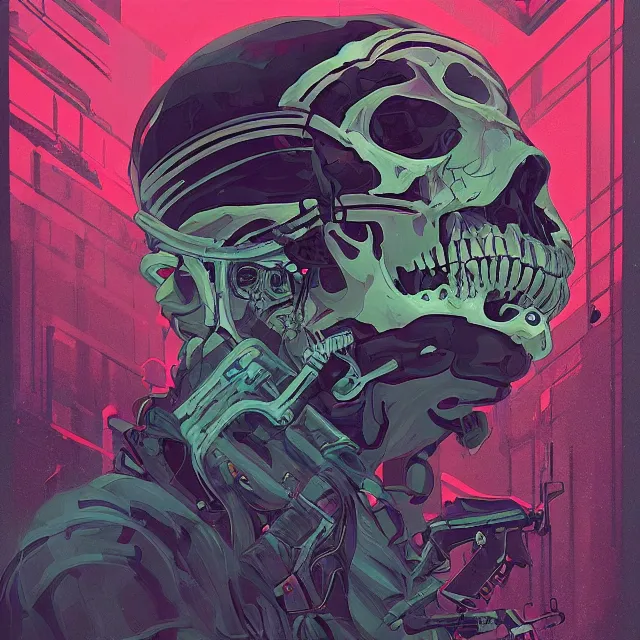Image similar to a beautiful portrait painting of a ( ( cyberpunk ) ) skull by simon stalenhag and pascal blanche! and alphonse mucha! and nekro!. in style of digital art. colorful comic, film noirs!, symmetry, hyper detailed. octane render. trending on artstation