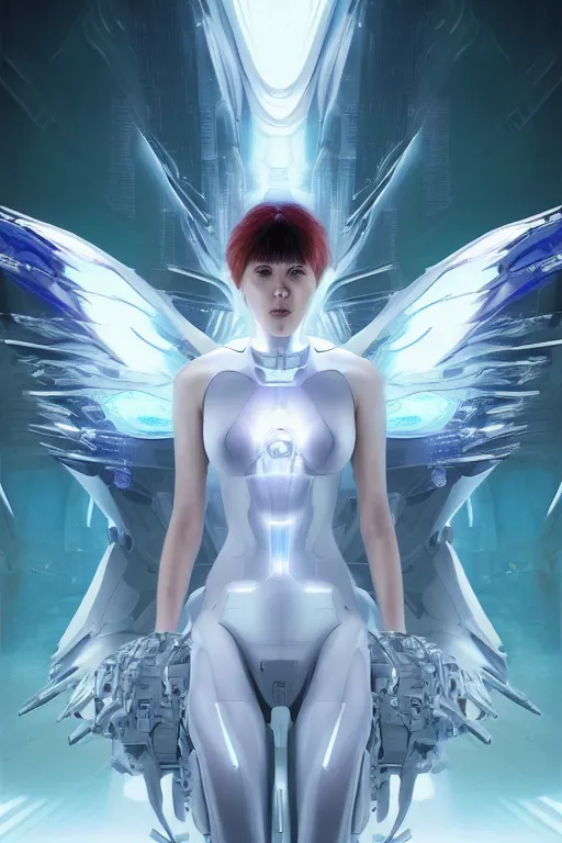 Image similar to white arc-angel with mystic robotic wings,akira, ghost in the shell, ultra detailed, digital art, 8k ,character ,realistic, portrait, hyperrealistic