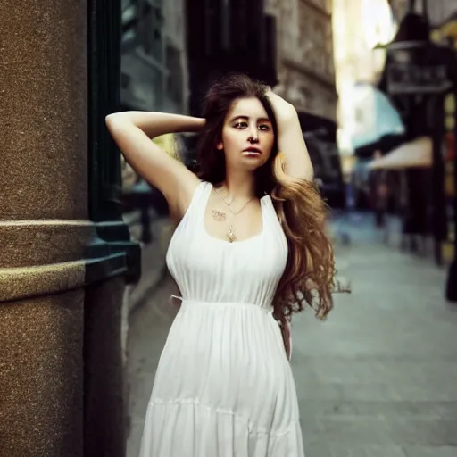 Prompt: detailed mid - shot portrait of a beautiful young 2 0 - year - old woman in a flowy drapey dress in a city street, posed in a three - quarter angle, shot from a super low angle, with multiple large softboxes for dramatic lighting, shot with a hasselblad x 1 d and a wide angle zeiss lens, award - winning fashion magazine photo