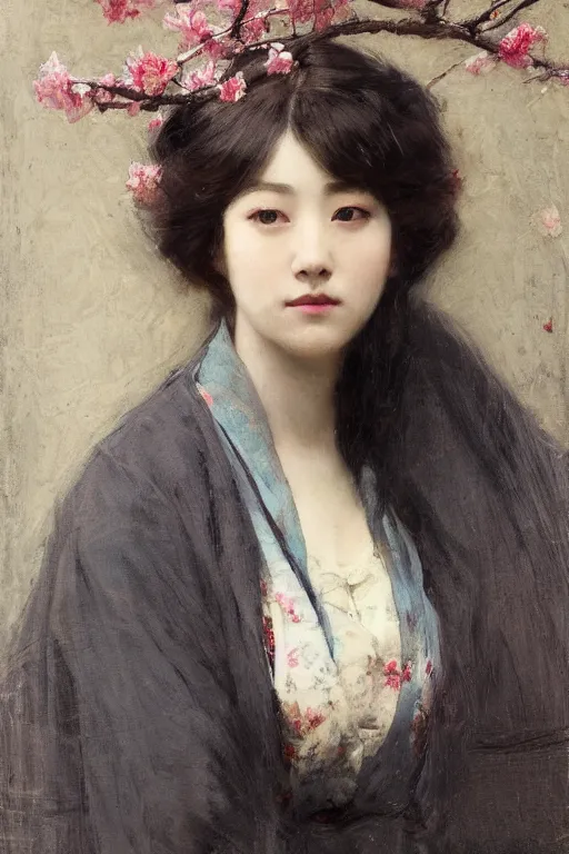 Prompt: Solomon Joseph Solomon and Richard Schmid and Jeremy Lipking victorian genre painting full length portrait painting of a young beautiful woman from japan with cherry blossoms and cherry trees