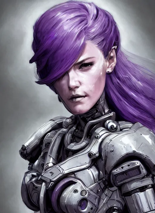 Image similar to close up portrait of a pale woman in sci - fi power armor with purple hair, powerful, domineering, stoic, masterful, intense, ultrafine hyperdetailed illustration by kim jung gi, irakli nadar, intricate linework, sharp focus, octopath traveler, yoji shinkawa, highly rendered, detailed, concept art, intricate environment