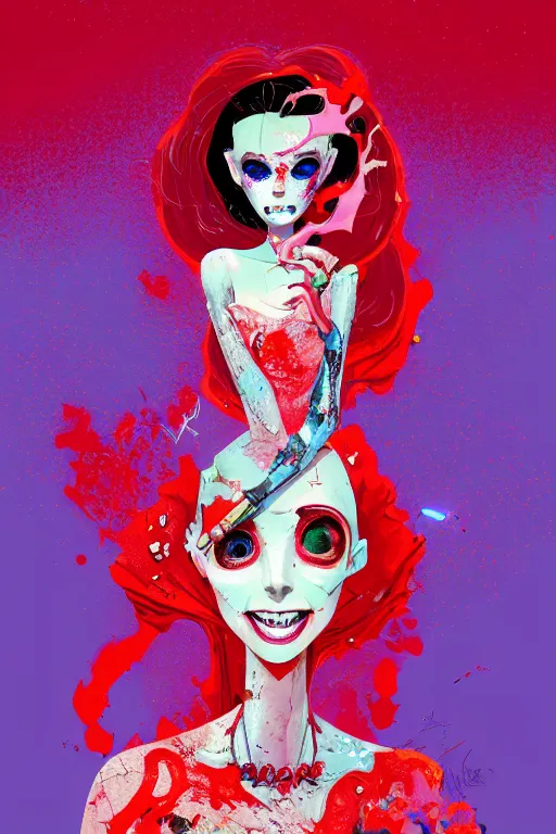 Image similar to beautiful lady half necromancer, made of red gucci fabric, dust particles, pixiv fanbox, dramatic lighting, maximalist pastel color palette, splatter paint, pixar and disney exploded - view drawing, graphic novel by fiona staples and dustin nguyen, peter elson, alan bean, wangechi mutu, clean cel shaded vector art, trending on artstation