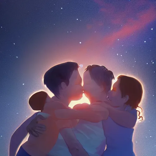 Image similar to A family hugging each other for the last time as the world is ending, meteors are falling from the sky, everything is on fire, dramatic lighting, digital art, very very very very very very beautiful, 8K, dark lighting, trending on Artstation, award winning