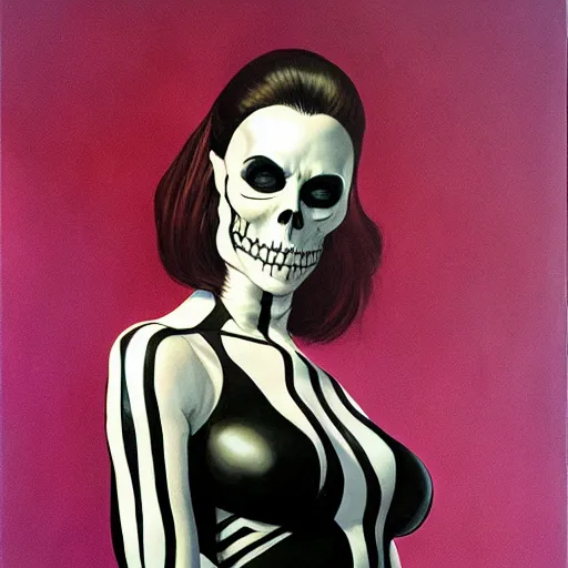 Prompt: portrait of a woman, wearing a skeleton catsuit, by alex ross.