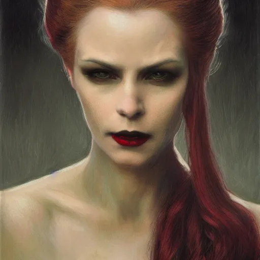 Image similar to portrait of a lady vampire, 35mm, victorian, depth of field, ominous, sharp, highly detailed, photorealistic, realistic, unreal 5, high definition, 8k, deviantart, donato giancola, irwin penn