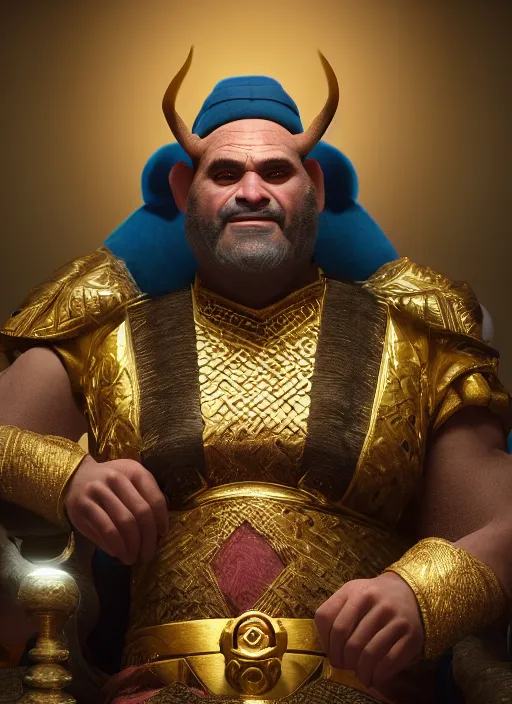 Image similar to portrait of sheikh ruler of dubai, ogre, troll, djinn, head and torso only, cinematic lighting, studio quality, smooth render, unreal engine 5 rendered, octane rendered, art style by klimt and nixeu and ian sprigger and wlop and krenz cushart.