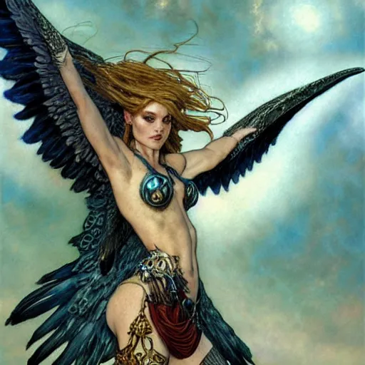 Image similar to a flying harpy with huge eagle wings, d & d, fantasy, luis royo, magali villeneuve, donato giancola, wlop, krenz cushart, hans zatka, klimt, alphonse mucha