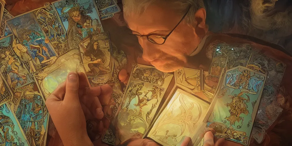 Image similar to wizard doing a tarot reading, cards, fantasy, digital art, soft lighting, 8 k, highly detailed, medium close up