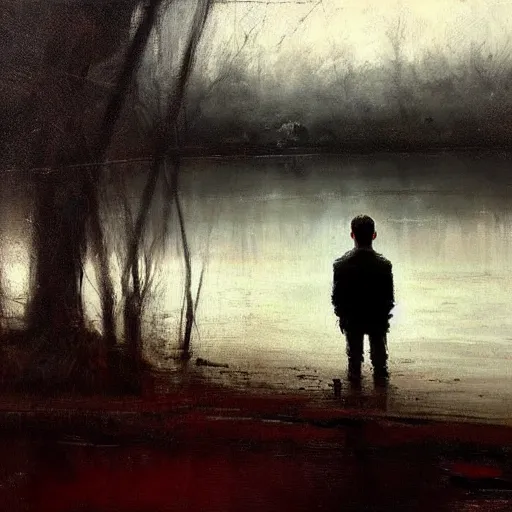 Image similar to lonely boy without his soul staring into a lake, painting by jeremy mann