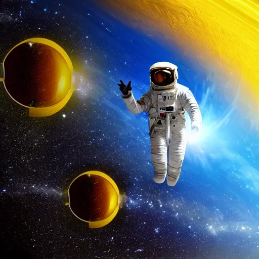 Image similar to astronaut in space, galactic background reflections on suit on one side and a yellow planet on the other side