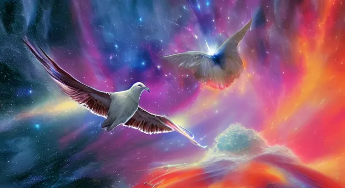 Image similar to A peace dove flying through a multicolored nebula in outerspace by Terry Redlin and Chesley Bonestell and Zdzislaw Beksinski, hyper realistic, radiant colors, trending on artstation, volumetric lighting, hyper detailed, insane details, intricate, ornate, CGsociety, hypermaximalist, octane render, micro details, 3d sculpture, ray tracing, 8k