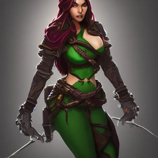 Image similar to Full body of female rogue, intricate, elegant, highly detailed, digital painting, artstation, concept art, smooth, sharp, illustration, art by MasterHearthstone, Hearthstone art style