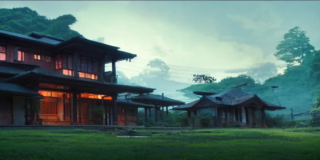 Prompt: twilight lighting, moody, atmospheric, solarpunk, old traditional filipino sleek modern mansion made of wood in a green garden, with a front porch, on the lonely hill by ghibli studio and victor ngai, ghost in the shell, akira, pixar highly detailed, 8 k h 5 7 6