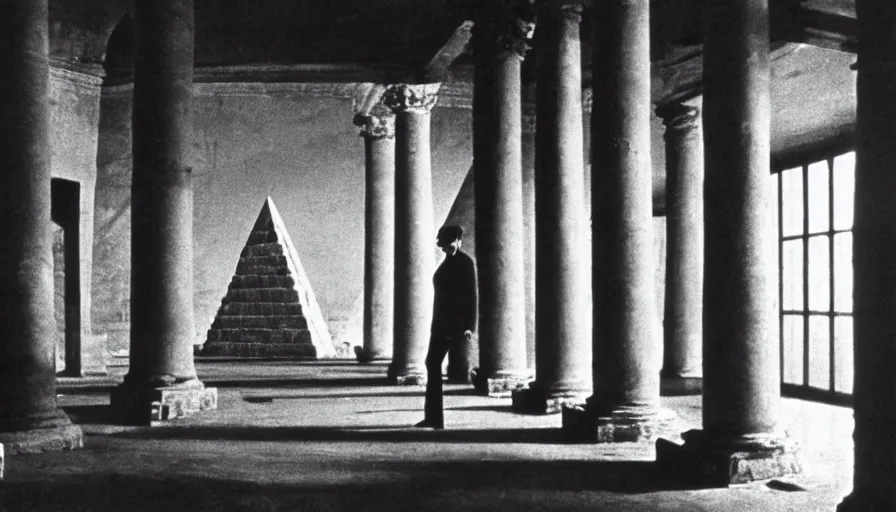 Prompt: 1 9 7 0 s andrei tarkovsky movie still of a man in red drapery in a pyramid building with columns, by piranesi, panoramic, ultra wide lens, cinematic light, anamorphic