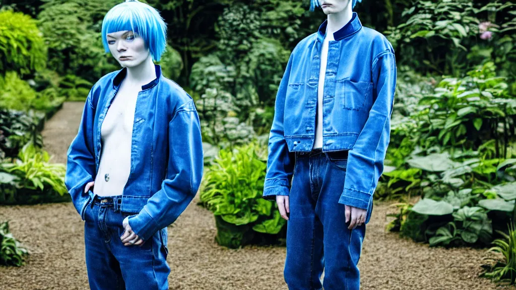 Prompt: portrait of a androgynous woman with blue hair, wearing a jeans jackets, a high collar t - shirt and baggy jeans, in the style of rogier van der weyden and jacopo da pontormo, standing in a botanical garden, bjork aesthetic, masterpiece, cyberpunk, asian art