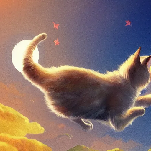 Image similar to cat chasing the moon, artistic, artstation.