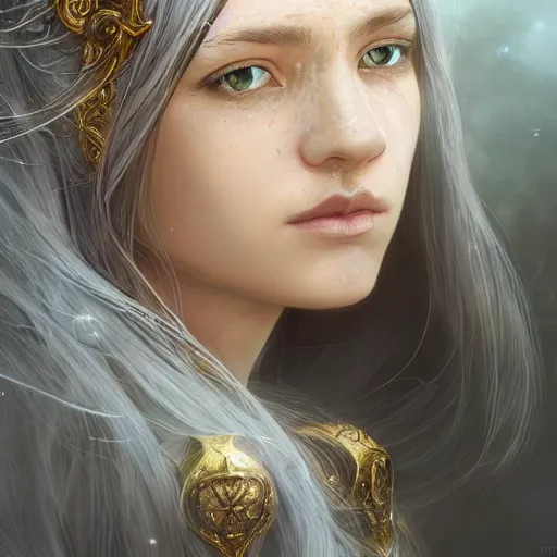 Prompt: portrait of a beautiful female cleric with long hair. She wear a silver detailed symetric amulet of a sun eye. Epic fantasy. beautiful. hyperrealism symetric face cinematic top lighting, insanely detailed and intricate, face by wlop, Charlie Bowater, golden ratio, symmetric, elegant, ornate, luxury, elite, matte painting, cinematic, trending on artstation, deviantart and cgsociety, 8k, high resolution