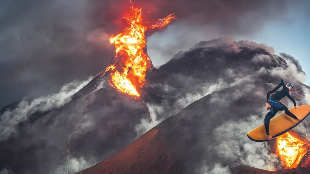 Image similar to person wearing a sponsored team jersey with logos jumping out of a helicopter with a surfboard into a volcano, action shot, dystopian, thick black smoke and fire, sharp focus