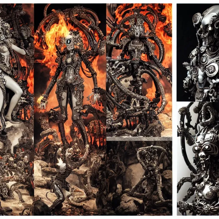 Prompt: still frame from Prometheus by Utagawa Kuniyoshi, death god Kali Durga as Dr doom in ornate bio cybernetic bone armour in front of burning souls and pile of alien skulls by Wayne Barlowe by peter Mohrbacher by Giger, dressed by Alexander McQueen and by Neri Oxman, metal couture hate couture editorial