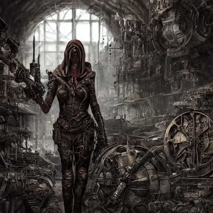 Image similar to apocalyptic woman in hood standing in hall of machinery and weaponry, hyper - detailed, smooth, sharp focus, 4 k ultra hd, fantasy dark art