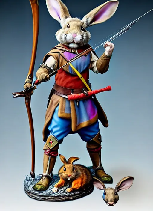 Image similar to a porcelain figurine of a heroic rabbit crossbowman, redwall, lisa frank and greg rutowski and jean baptiste monge, very detailed, epic fantasy concept art