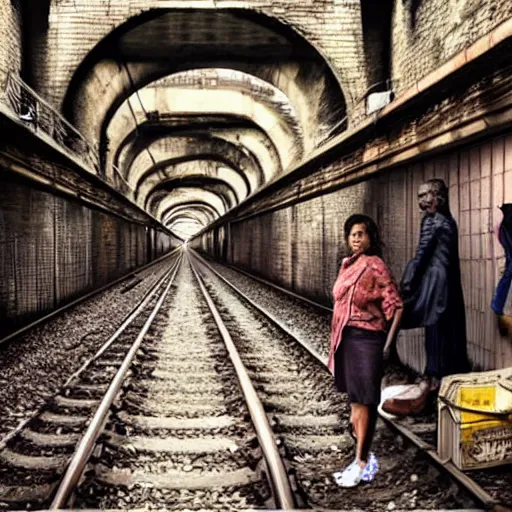 Prompt: poor people life under railway bridge, award winning, realistic, 4 k, hyper details, portrait by steve mccury and annie leibovitz and chindy sherman