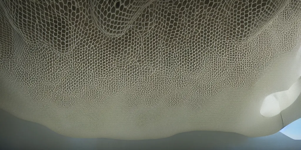 Image similar to white honeycomb organic building by ernesto neto, light - mint with light - pink color, 4 k, insanely quality, highly detailed, film still from the movie directed by denis villeneuve with art direction by zdzisław beksinski, telephoto lens, shallow depth of field