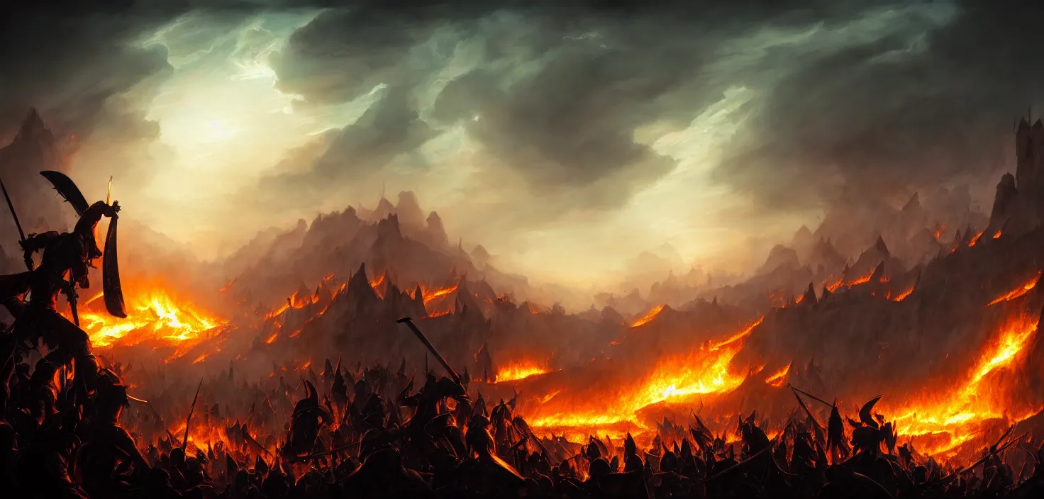 Prompt: fantasy medieval battle of the warriors of good and evil. battlefield is on fire, deadly battle of ice and flame, cinematic view, epic sky, detailed, concept art, low angle, high detail, warm lighting, volumetric, godrays, vivid, beautiful, trending on artstation, by jordan grimmer, huge scene, grass, art greg rutkowski