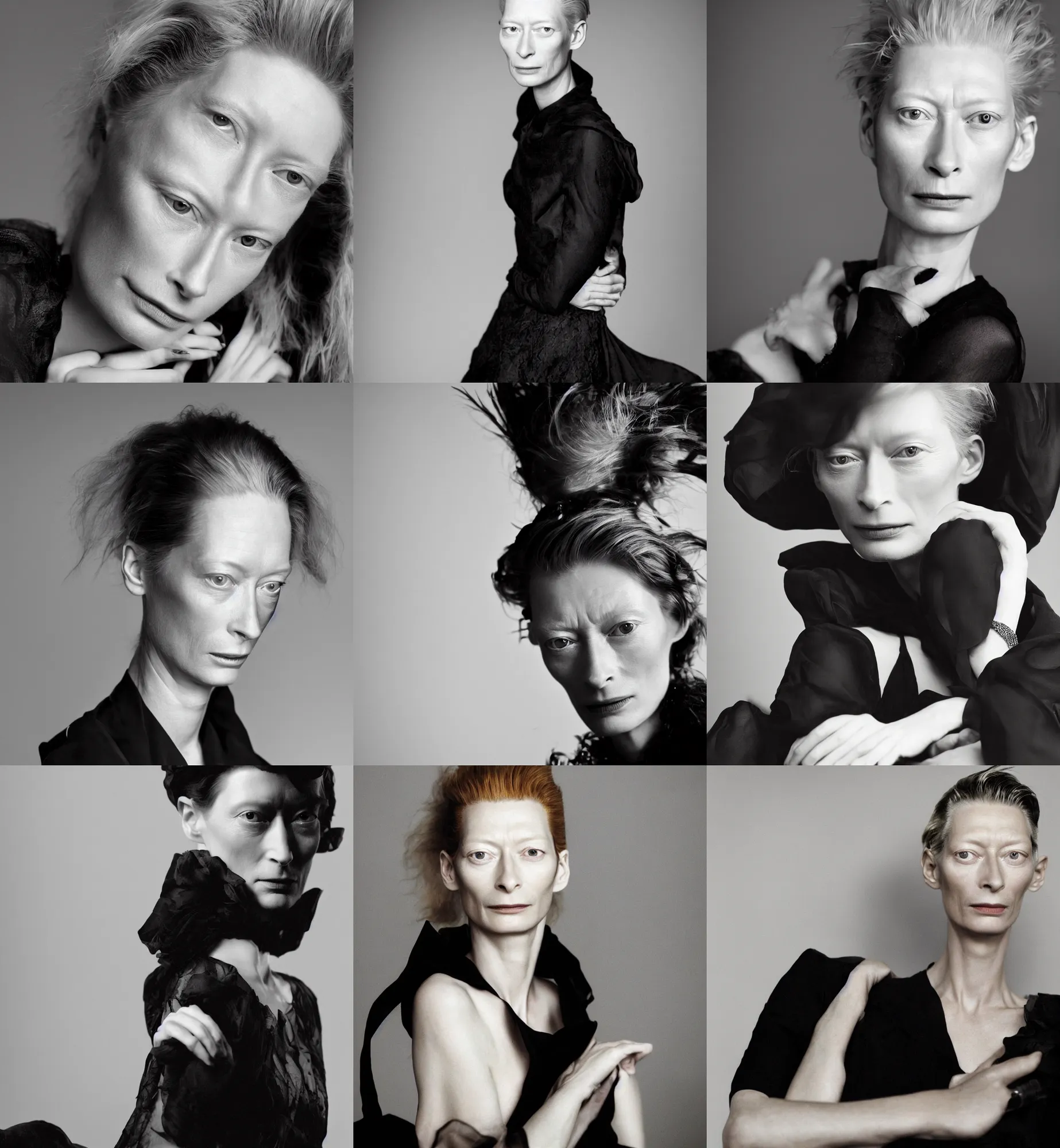 Prompt: the close - up portrait photo of young beautiful tilda swinton weared in black dress in studio
