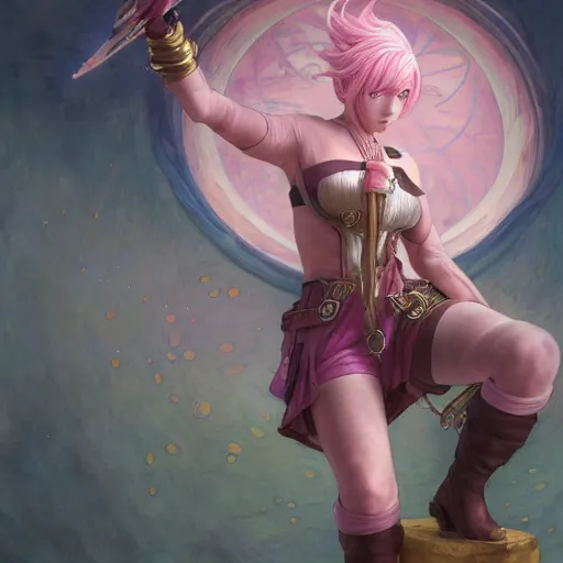 Prompt: VI from League of Legends with short pink hair drawn by Donato Giancola and Makoto Shinkai, Edmund Leighton, Alphonse Mucha, background by James Jean and Gustav Klimt, 4k, Arcane animated Series, porcelain skin, volumetric lighting, komorebi, french nouveau, trending on artstation, octane render, hyperrealistic