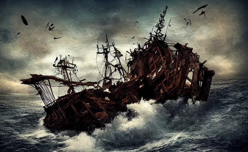 Image similar to “Pirate ship wreck falling from the sky, digital art, cinematic, award winning”