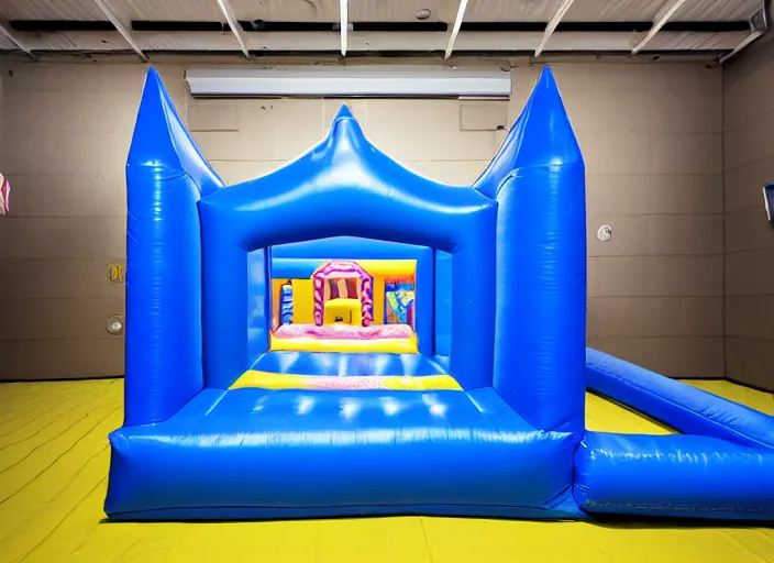 Image similar to photo still of a bounce house in prison!!!!!!!! at age 3 6 years old 3 6 years of age!!!!!!!! inmated jumping in it, 8 k, 8 5 mm f 1. 8, studio lighting, rim light, right side key light