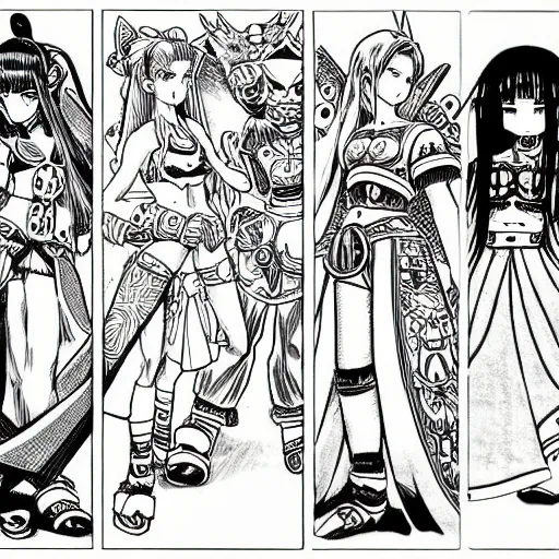 Prompt: prompt : 9 0's manga version of world of warcraft characters in black and white hyper detailed style, drawn by botticelli, smaller details, 1 9 8 0 manga style, graphic halftone details,