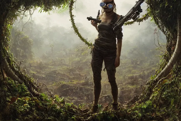 Image similar to artstation concept of a beautiful adventurous girl wearing goggles holding a machine pistol, sweaty skin, symmetrical face, high body detail, ripped up field fatigues, jungle background with ruins, vines, hyperdetailed, artstation trending, world renowned artists, worth1000.com, cgsociety, by greg rutkowski, by Gustave Doré, by Marco Turini, by Artgerm, Deviantart in the style of Tom Bagshaw, Cedric Peyravernay, Peter Mohrbacher