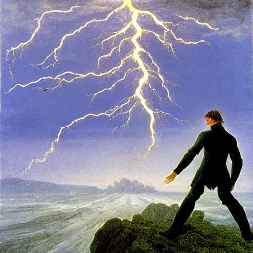 Prompt: Art featuring a man struck by lightning by Caspar David Friedrich