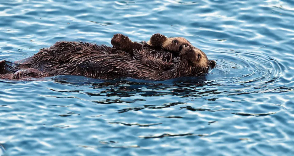 Prompt: northern sea otter floating in the sea