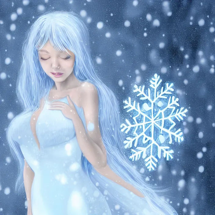 Image similar to full body portrait of a woman with pale blue hair wearing a covering white dress made out of snowflake in the middle of a heavy snowstorm. pale, sickly looking. digital art by maromi sagi