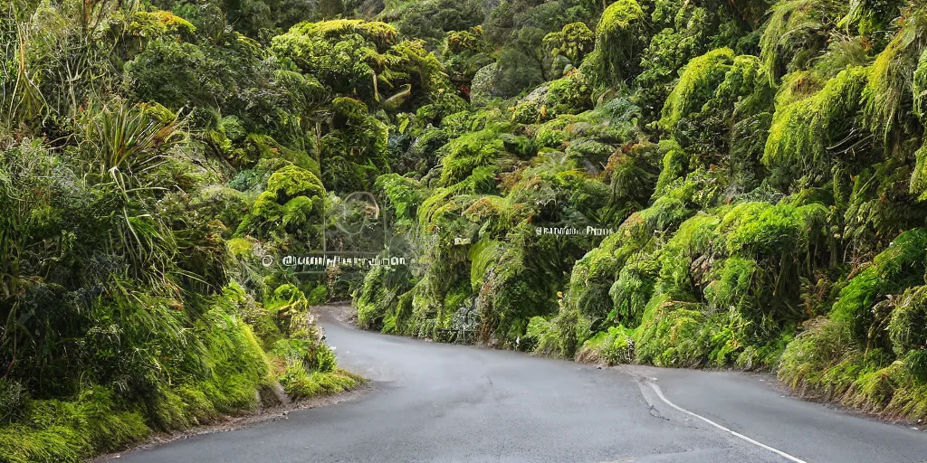 Image similar to a street in khandallah, wellington, new zealand lined by new zealand remnant ancient montane forest. podocarp, rimu, kahikatea, mountain cabbage trees, moss, vines, epiphytes, birds. windy rainy day. people walking in raincoats. 1 9 0 0's colonial cottages. harbour in the distance.