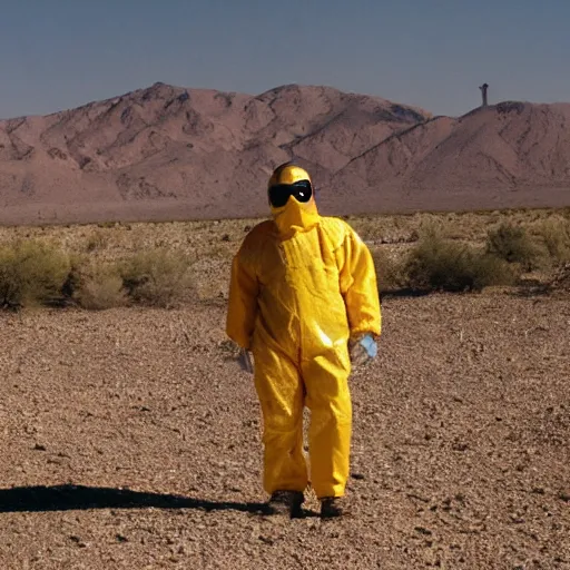 Prompt: a man wearing a hazmat suit and goggles, in the desert, film still