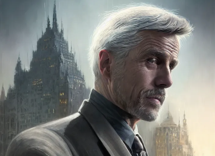 Image similar to highly detailed portrait of an aged christoph waltz as bruce wayne, in batman, stephen bliss, 8 k, unreal engine, fantasy art by greg rutkowski, loish, rhads, ferdinand knab, makoto shinkai and lois van baarle, ilya kuvshinov, rossdraws, tom bagshaw, global illumination, radiant light, detailed and intricate environment