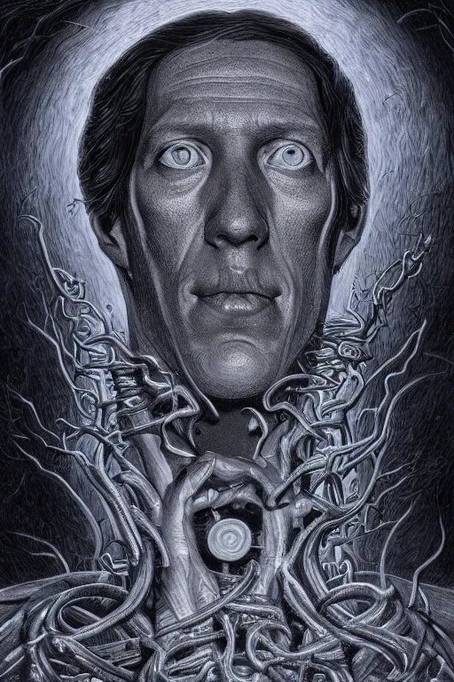 Image similar to h. p. lovecraft portrait, alex grey, patrick woodroffe, mark ryden created by gustave dore and greg rutkowski, high detailed, smooth draw, synthwave neon retro, intricate, realistic proportions, dramatic lighting, trending on artstation