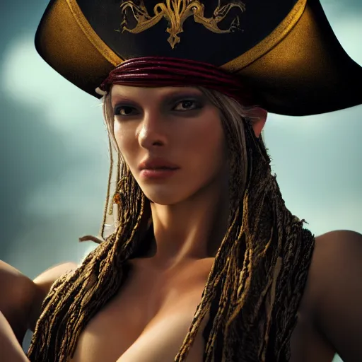 Image similar to full body pose, hyperrealistic photograph of a luscious pirate woman, dim volumetric lighting, 8 k, octane beautifully detailed render, extremely hyper detailed, intricate, epic composition, cinematic lighting, masterpiece, trending on artstation, very very detailed, stunning, hdr, smooth, sharp focus, high resolution, award, winning photo, dslr, 5 0 mm