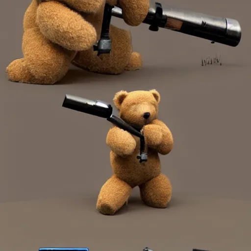 Prompt: A teddy bear holding a rocket launcher. Trending on Artstation. Highly detailed