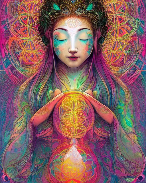 Image similar to flower of life contented peaceful bright eyes smiling bodhisattva, praying meditating, portrait, intricate, colorful, symmetrical, art by artgerm and wlop and james jean and carne griffiths, artstation 8 k uhd